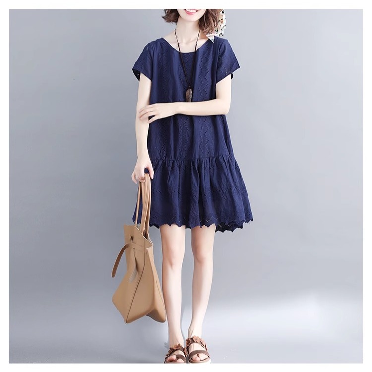 漾貝比【9155544】中大尺碼女裝 洞洞縷空拼接裙襬洋裝．藏青(36-42)-細節圖8