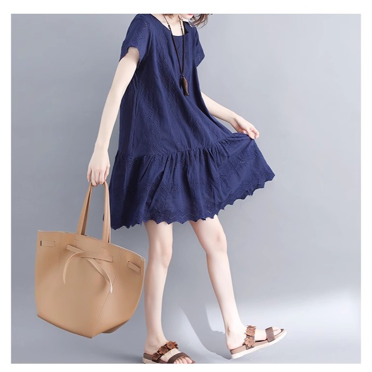 漾貝比【9155544】中大尺碼女裝 洞洞縷空拼接裙襬洋裝．藏青(36-42)-細節圖9