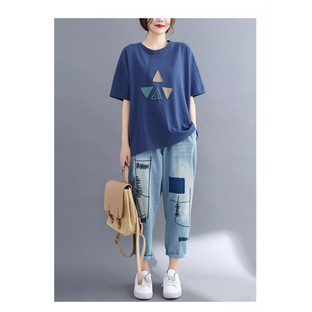 漾貝比【9155547】中大尺碼女裝 拼接彩色三角貼布棉T．藍(38-50)-細節圖2