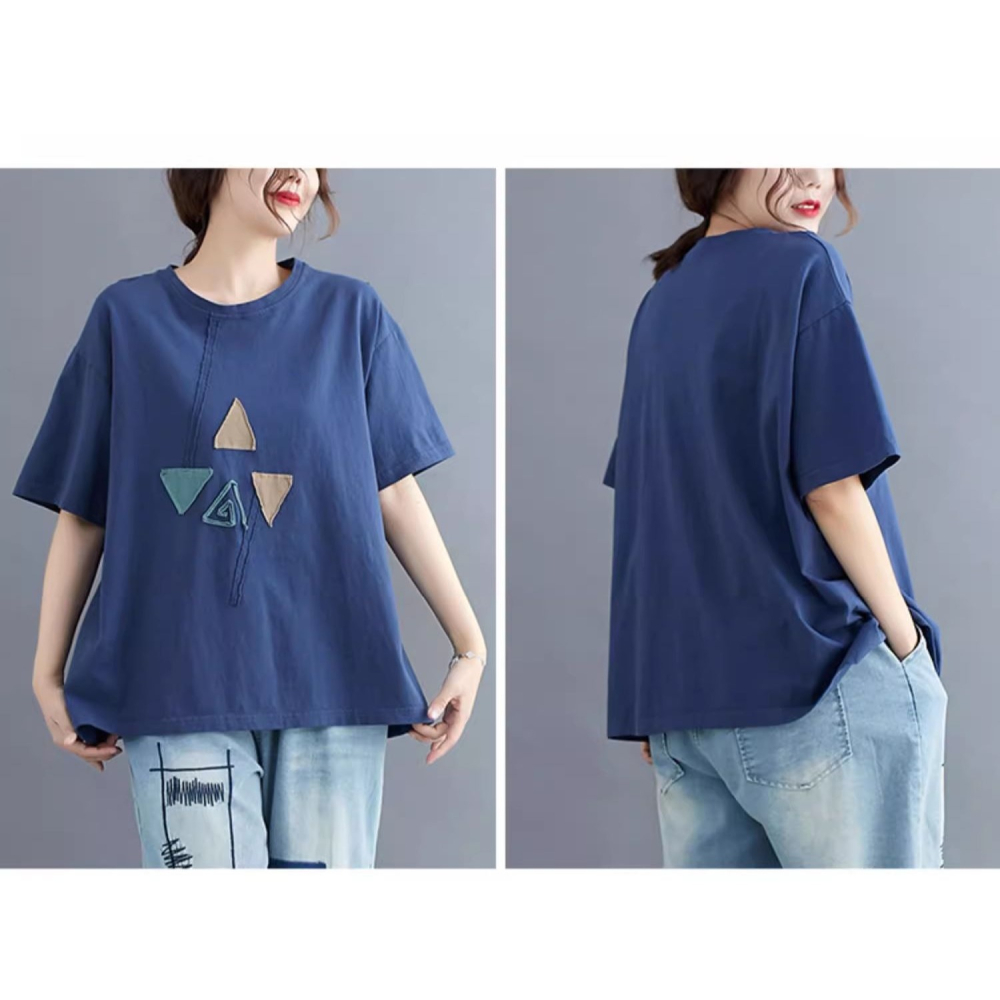 漾貝比【9155547】中大尺碼女裝 拼接彩色三角貼布棉T．藍(38-50)-細節圖4
