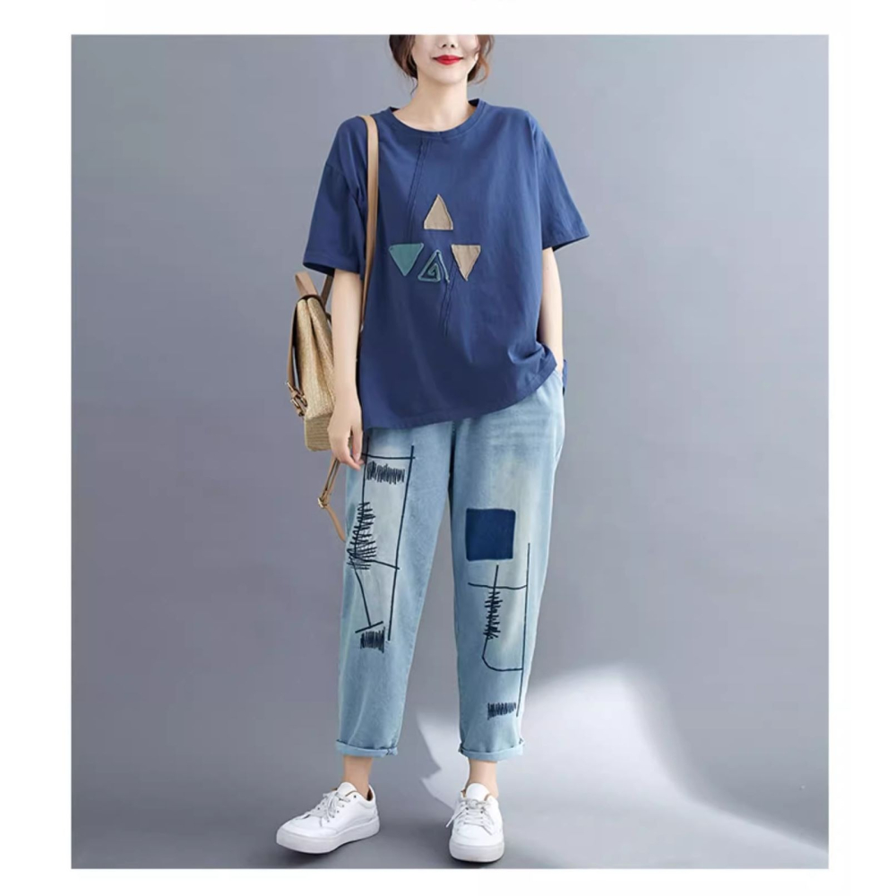 漾貝比【9155547】中大尺碼女裝 拼接彩色三角貼布棉T．藍(38-50)-細節圖5