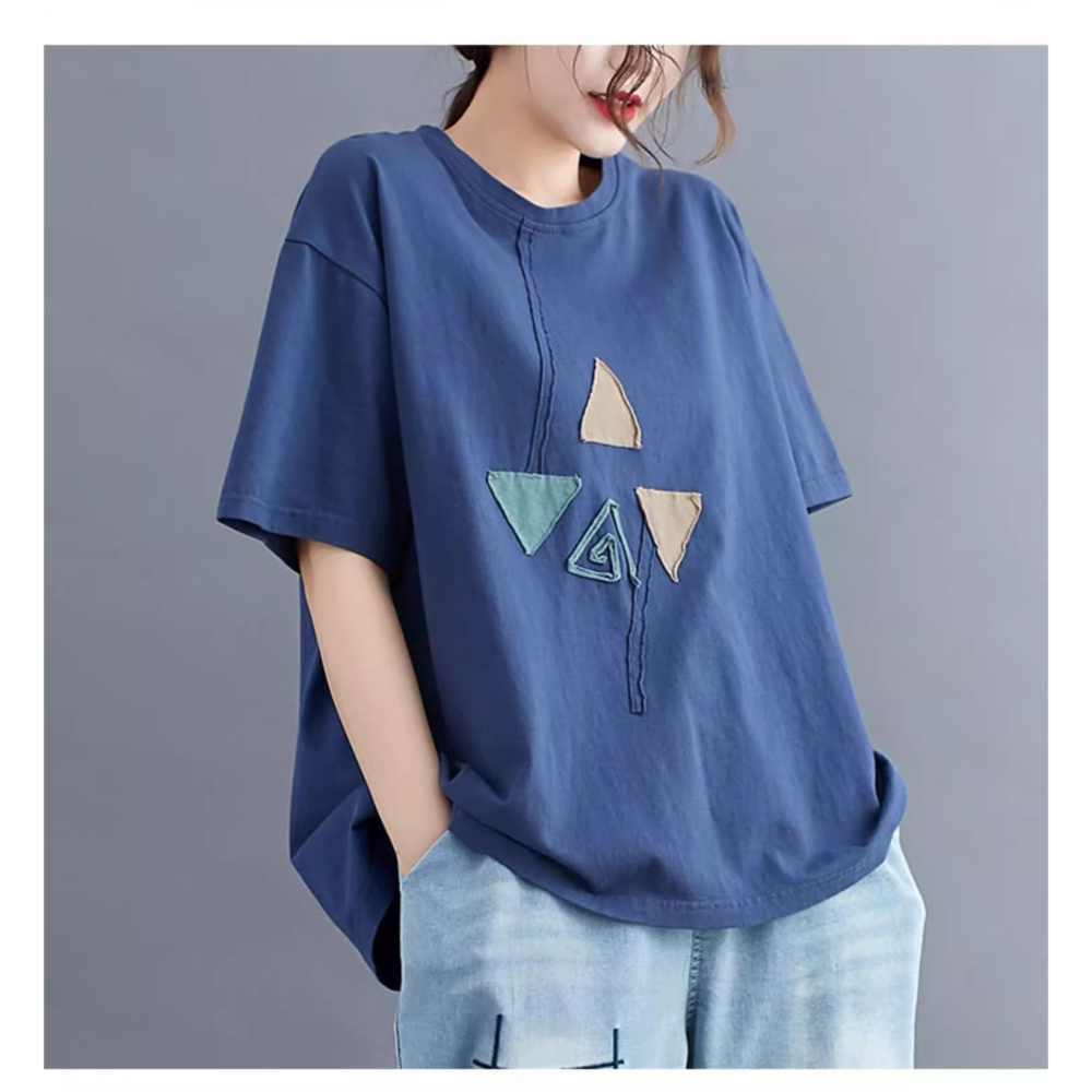 漾貝比【9155547】中大尺碼女裝 拼接彩色三角貼布棉T．藍(38-50)-細節圖6