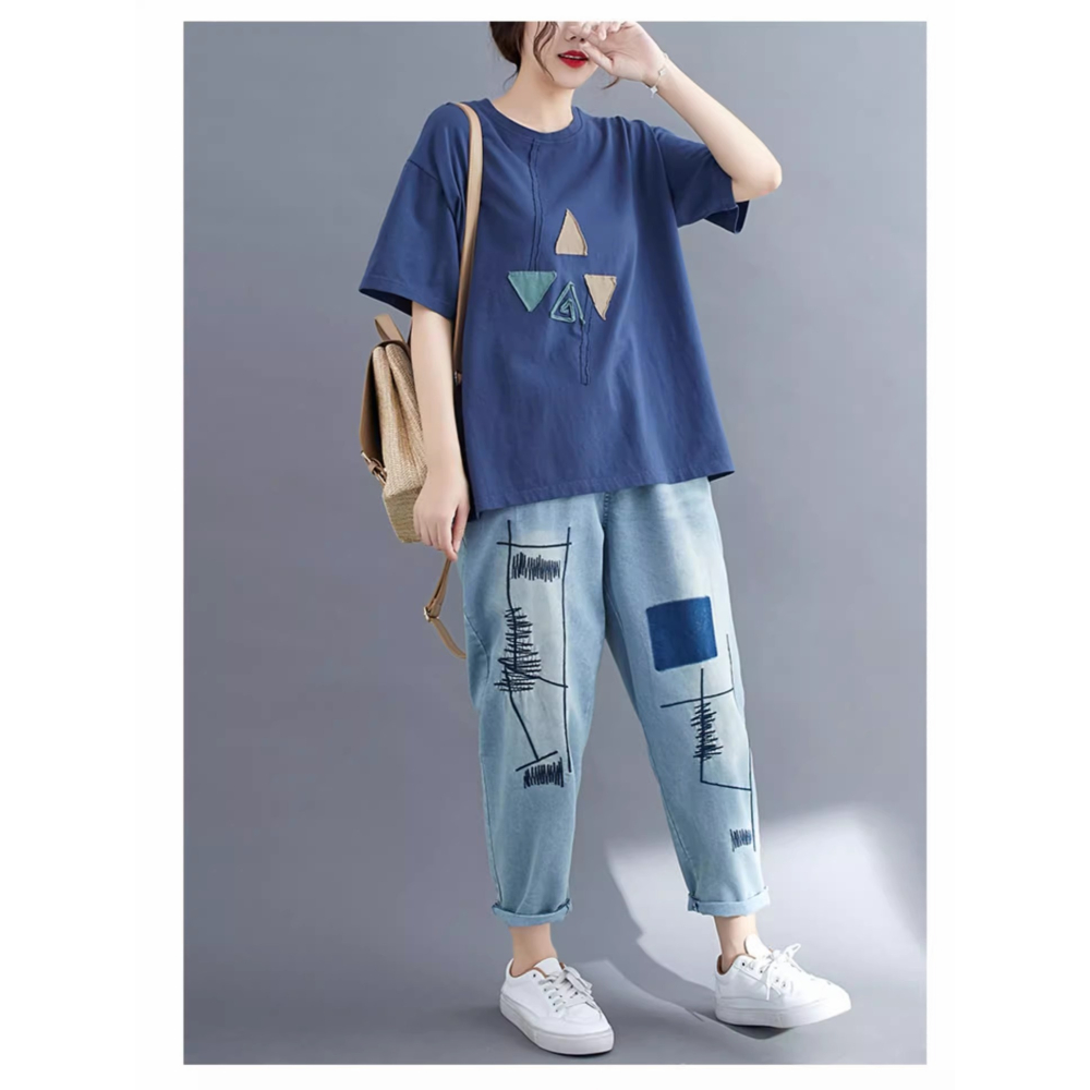 漾貝比【9155547】中大尺碼女裝 拼接彩色三角貼布棉T．藍(38-50)-細節圖7