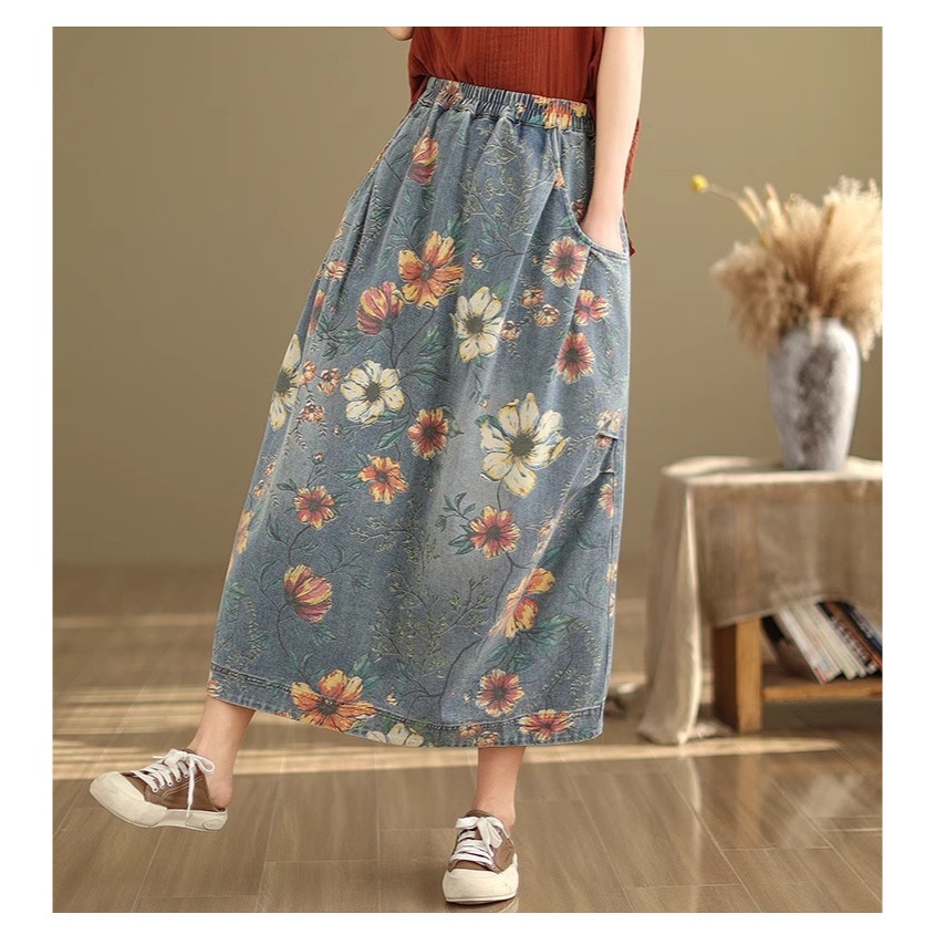 漾貝比【9155548】中大尺碼女裝 鬆緊腰口袋彩花印花牛仔裙(29-36)-細節圖2