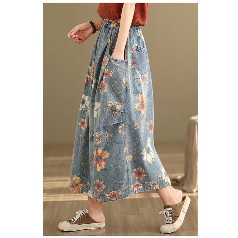 漾貝比【9155548】中大尺碼女裝 鬆緊腰口袋彩花印花牛仔裙(29-36)-細節圖3