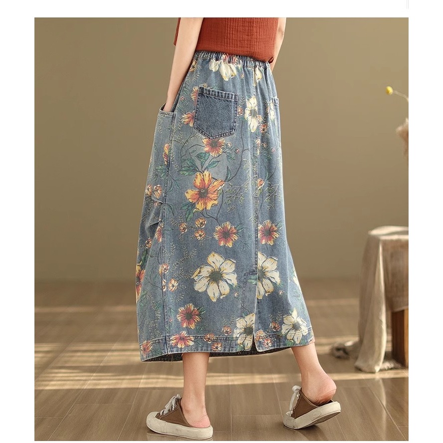 漾貝比【9155548】中大尺碼女裝 鬆緊腰口袋彩花印花牛仔裙(29-36)-細節圖4