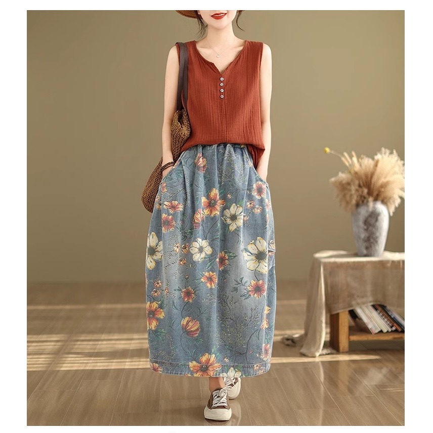 漾貝比【9155548】中大尺碼女裝 鬆緊腰口袋彩花印花牛仔裙(29-36)-細節圖5