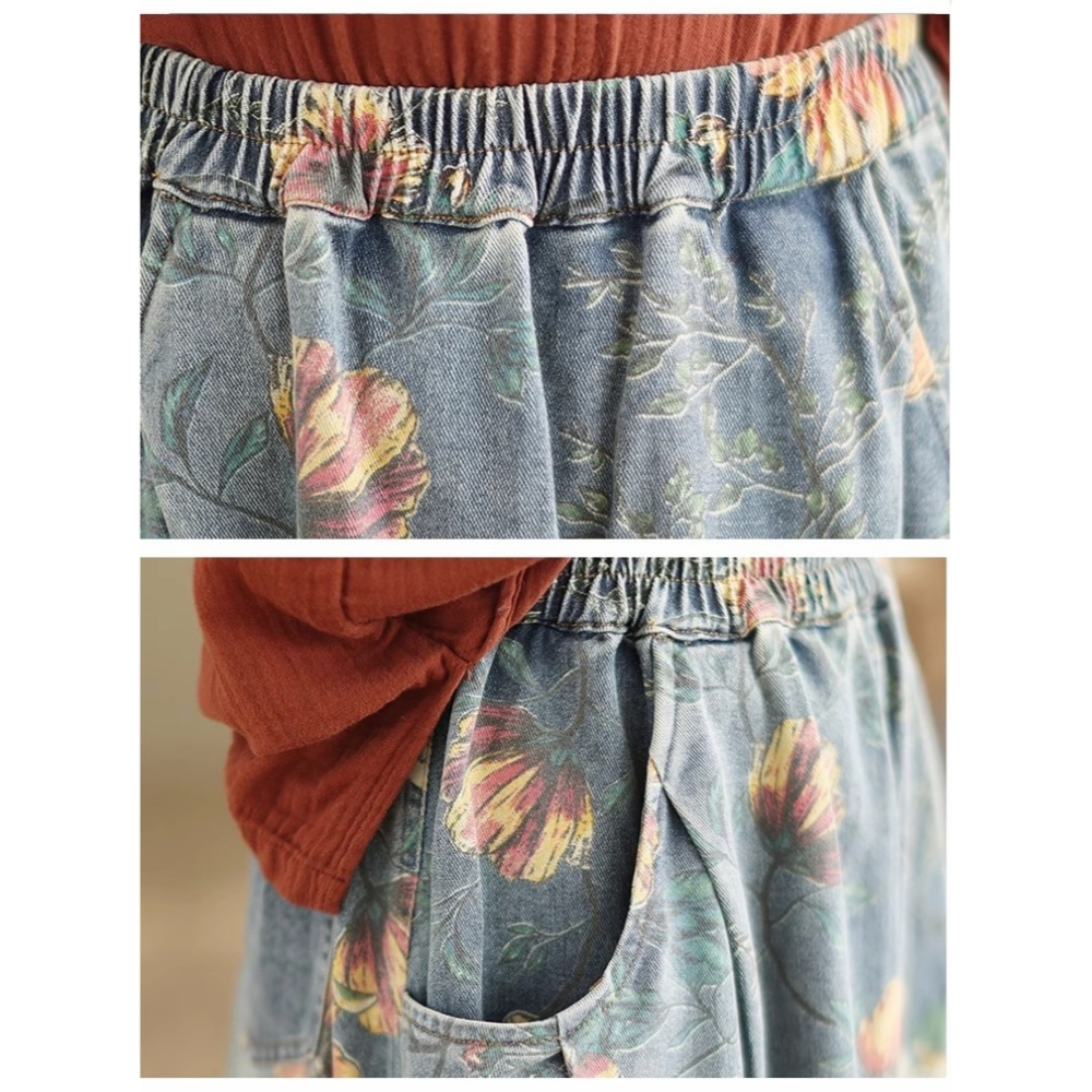 漾貝比【9155548】中大尺碼女裝 鬆緊腰口袋彩花印花牛仔裙(29-36)-細節圖6