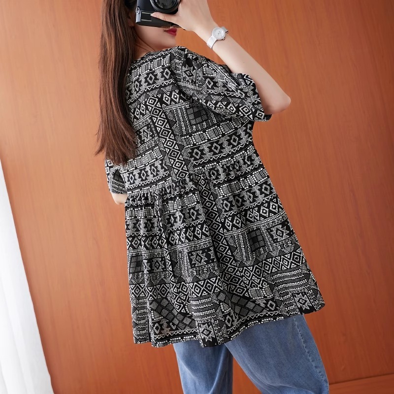 漾貝比【9155549】中大尺碼女裝 民族風圖騰拼接裙襬娃娃衫．黑(36-45)-細節圖8