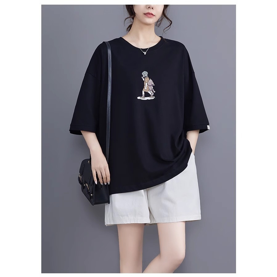 漾貝比【9155552】中大尺碼女裝 漁夫帽小洋裝女孩印花圓領棉T．黑/粉(38-49)-細節圖2