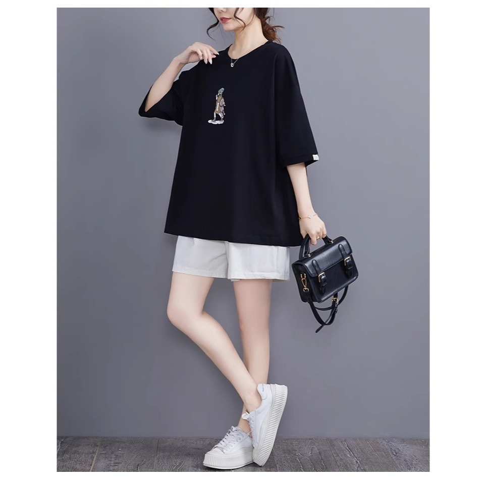 漾貝比【9155552】中大尺碼女裝 漁夫帽小洋裝女孩印花圓領棉T．黑/粉(38-49)-細節圖3