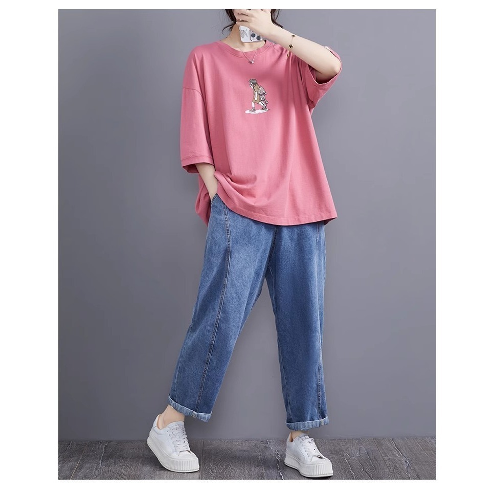 漾貝比【9155552】中大尺碼女裝 漁夫帽小洋裝女孩印花圓領棉T．黑/粉(38-49)-細節圖6