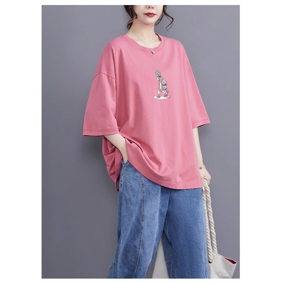 漾貝比【9155552】中大尺碼女裝 漁夫帽小洋裝女孩印花圓領棉T．黑/粉(38-49)-規格圖8