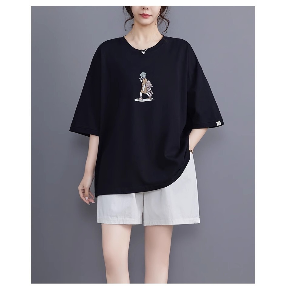 漾貝比【9155552】中大尺碼女裝 漁夫帽小洋裝女孩印花圓領棉T．黑/粉(38-49)-規格圖8