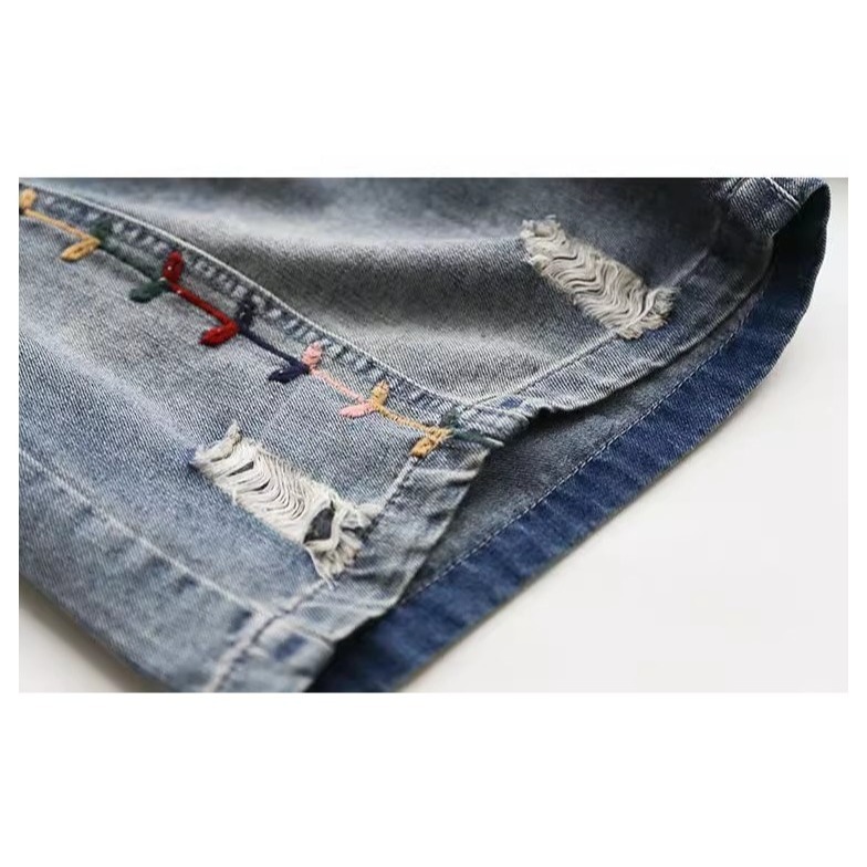 漾貝比【9155898】中大尺碼女裝 彩色葉子刺繡破破牛仔四分褲 (30-38)-細節圖9