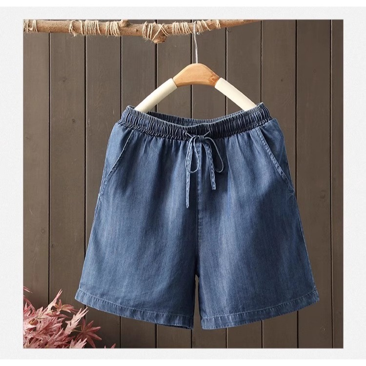 漾貝比【9155555】中大尺碼女裝 鬆緊腰綁帶清爽天絲牛仔五分褲．深藍(31-42)-細節圖2