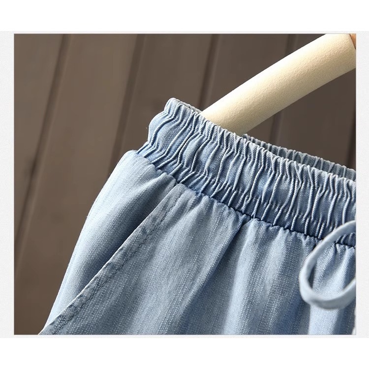 漾貝比【9155555】中大尺碼女裝 鬆緊腰綁帶清爽天絲牛仔五分褲．深藍(31-42)-細節圖4