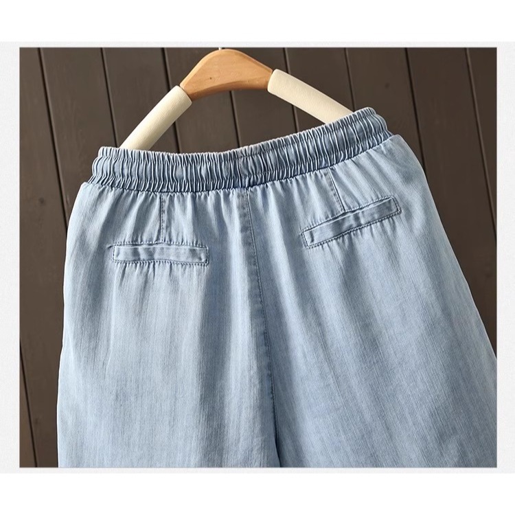 漾貝比【9155555】中大尺碼女裝 鬆緊腰綁帶清爽天絲牛仔五分褲．深藍(31-42)-細節圖7