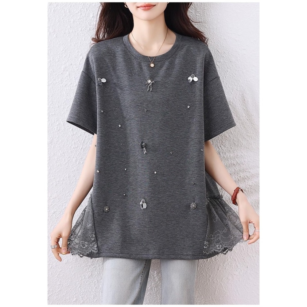 漾貝比【9155559】中大尺碼女裝 亮片小蜜蜂星鑽拼接蕾絲閃銀上衣．灰(38-51)-細節圖3