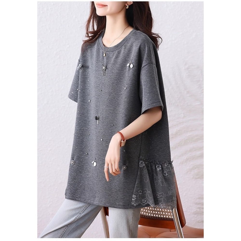 漾貝比【9155559】中大尺碼女裝 亮片小蜜蜂星鑽拼接蕾絲閃銀上衣．灰(38-51)-細節圖5