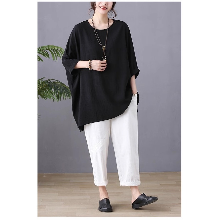 漾貝比【9155560】中大尺碼女裝 薄款寬鬆蝙蝠袖純色棉麻上衣．共2色(40-55)-細節圖2