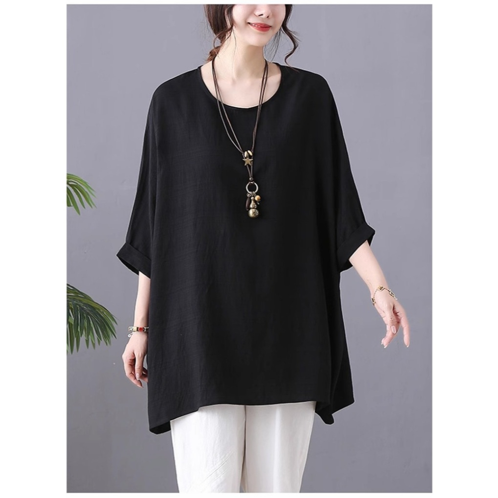 漾貝比【9155560】中大尺碼女裝 薄款寬鬆蝙蝠袖純色棉麻上衣．共2色(40-55)-細節圖3