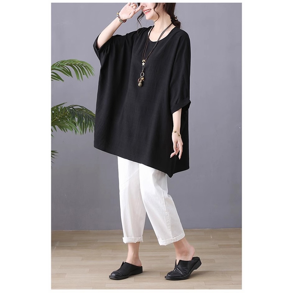 漾貝比【9155560】中大尺碼女裝 薄款寬鬆蝙蝠袖純色棉麻上衣．共2色(40-55)-細節圖4