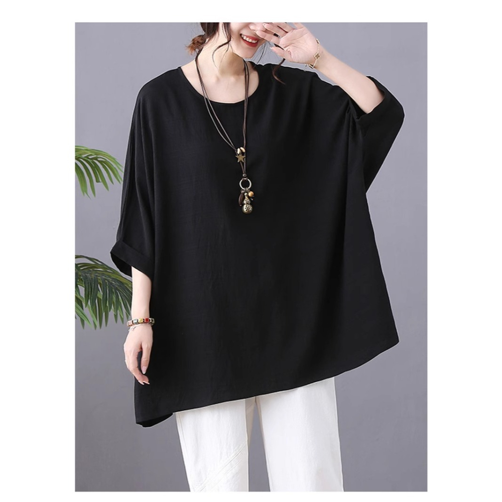 漾貝比【9155560】中大尺碼女裝 薄款寬鬆蝙蝠袖純色棉麻上衣．共2色(40-55)-細節圖5