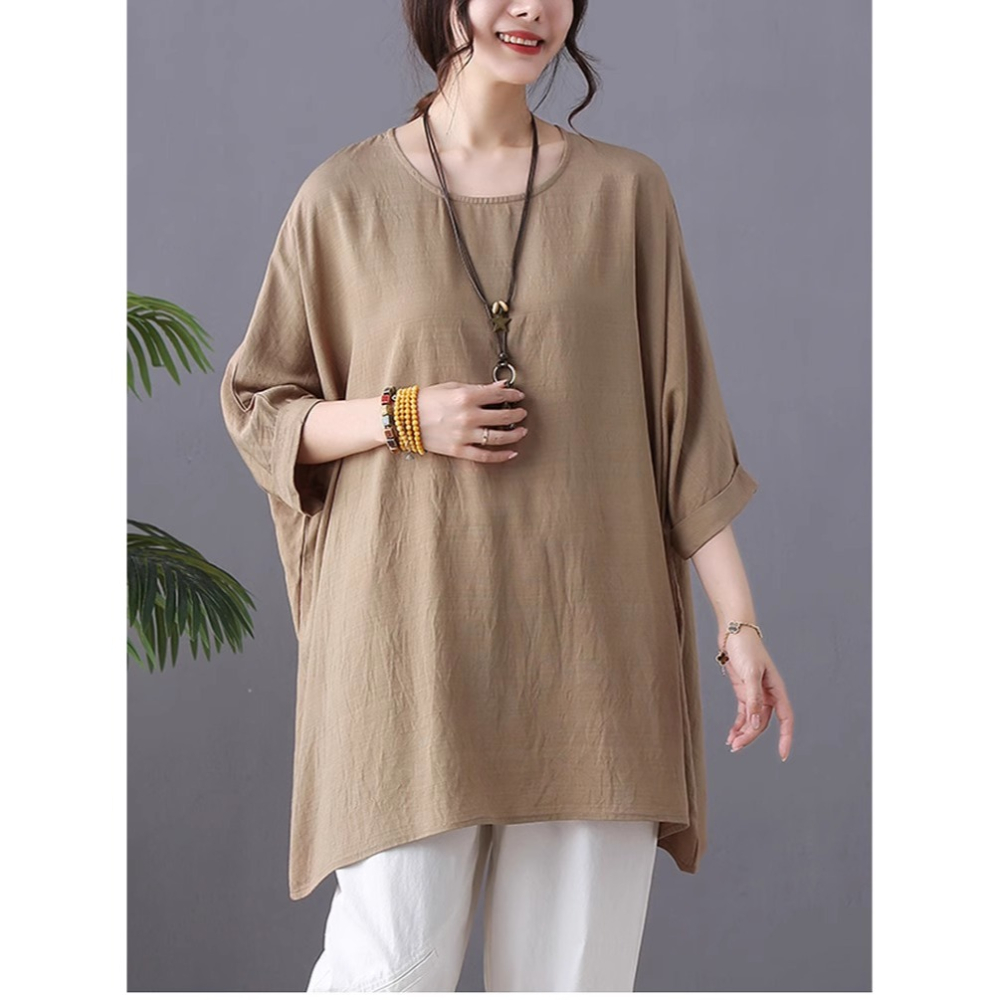 漾貝比【9155560】中大尺碼女裝 薄款寬鬆蝙蝠袖純色棉麻上衣．共2色(40-55)-細節圖6
