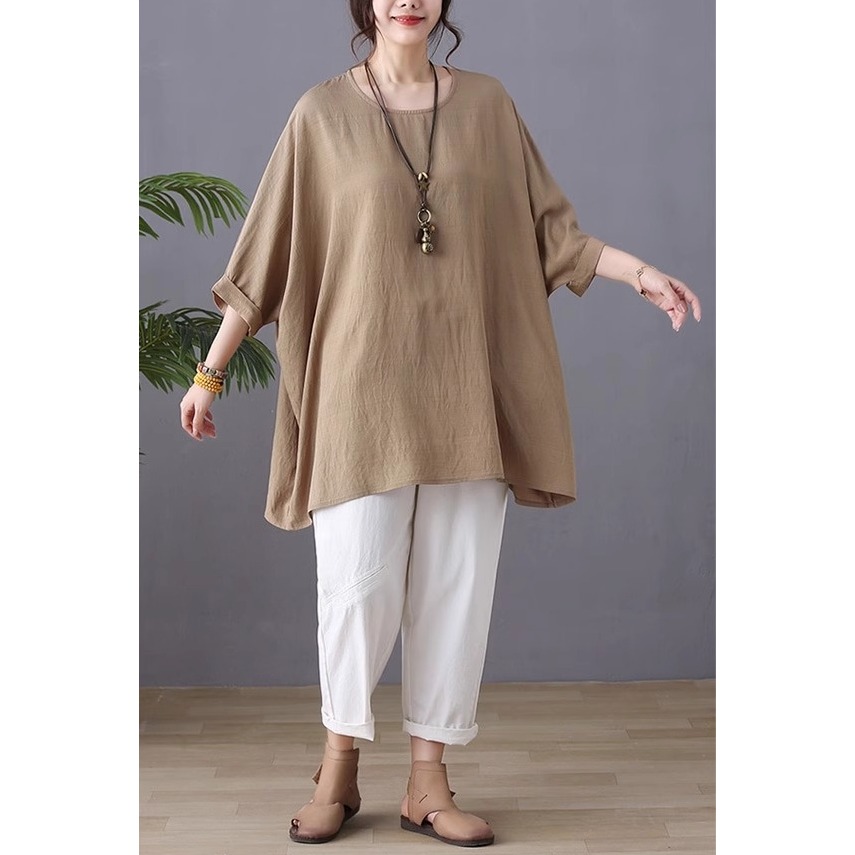 漾貝比【9155560】中大尺碼女裝 薄款寬鬆蝙蝠袖純色棉麻上衣．共2色(40-55)-細節圖7