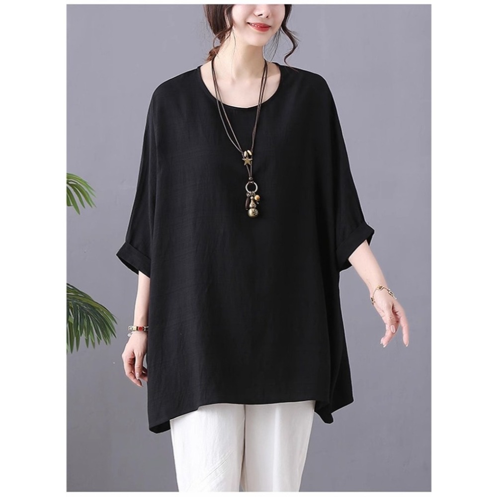 漾貝比【9155560】中大尺碼女裝 薄款寬鬆蝙蝠袖純色棉麻上衣．共2色(40-55)-細節圖3