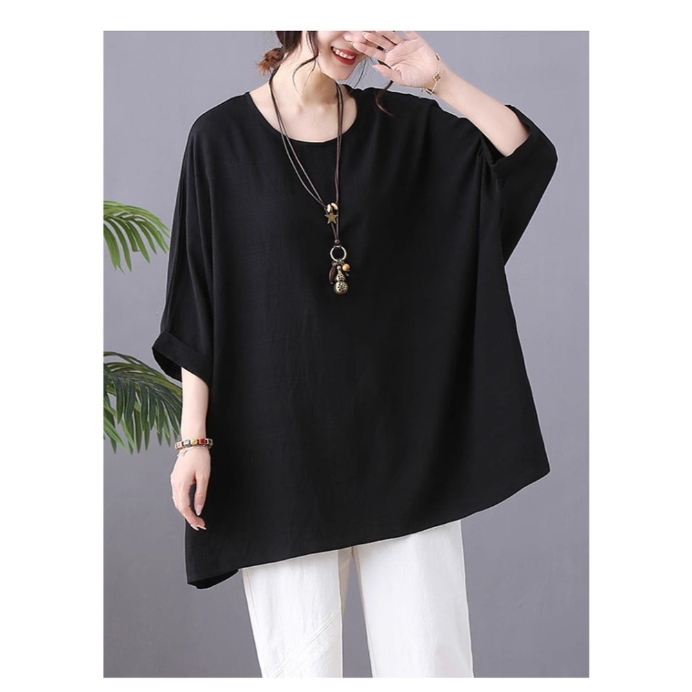 漾貝比【9155560】中大尺碼女裝 薄款寬鬆蝙蝠袖純色棉麻上衣．共2色(40-55)-細節圖5