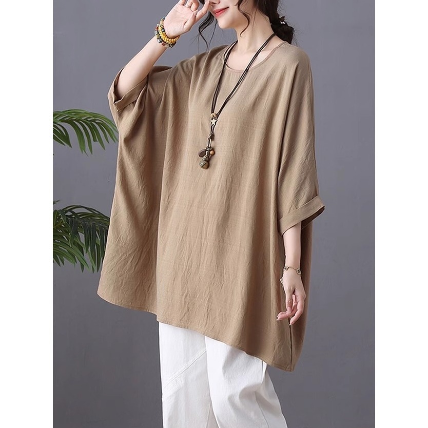 漾貝比【9155560】中大尺碼女裝 薄款寬鬆蝙蝠袖純色棉麻上衣．共2色(40-55)-細節圖8