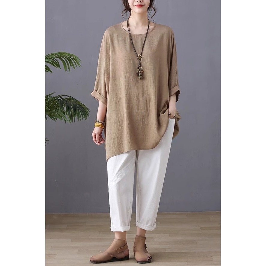 漾貝比【9155560】中大尺碼女裝 薄款寬鬆蝙蝠袖純色棉麻上衣．共2色(40-55)-細節圖9