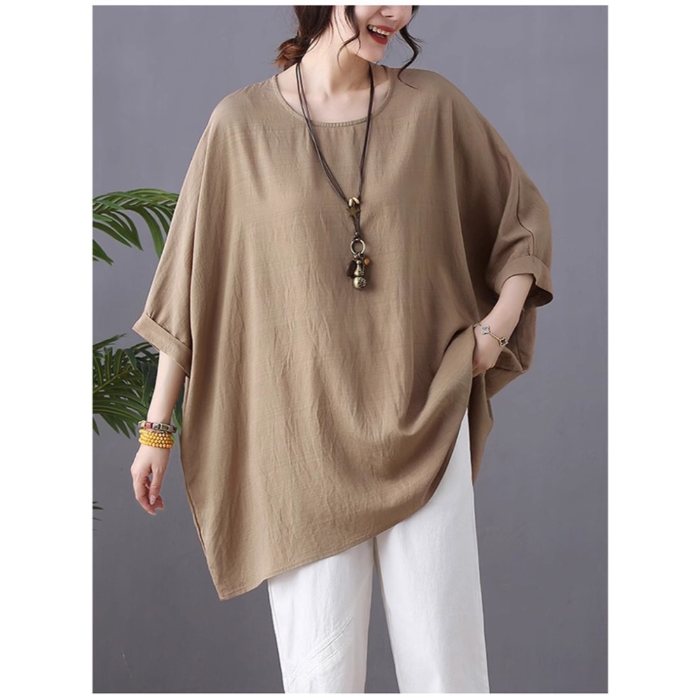 漾貝比【9155560】中大尺碼女裝 薄款寬鬆蝙蝠袖純色棉麻上衣．共2色(40-55)-規格圖10