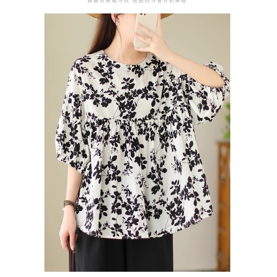 漾貝比【9155564】中大尺碼女裝 圓領滿版黑葉造型娃娃衫(40-53)-細節圖3