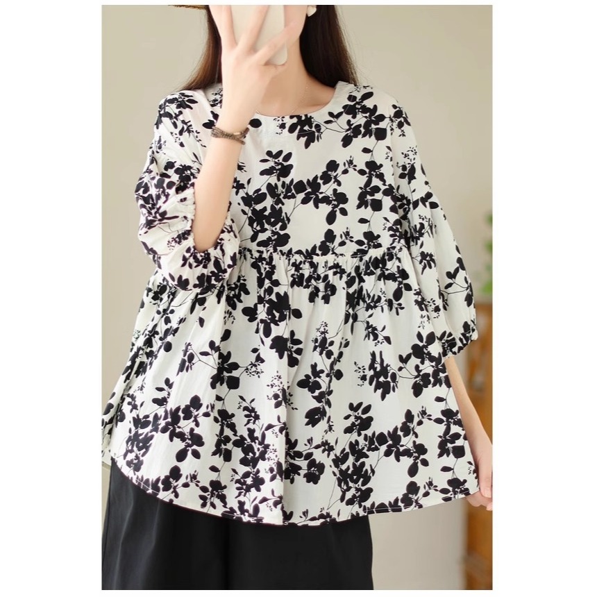 漾貝比【9155564】中大尺碼女裝 圓領滿版黑葉造型娃娃衫(40-53)-細節圖6