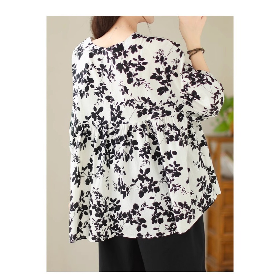 漾貝比【9155564】中大尺碼女裝 圓領滿版黑葉造型娃娃衫(40-53)-細節圖7