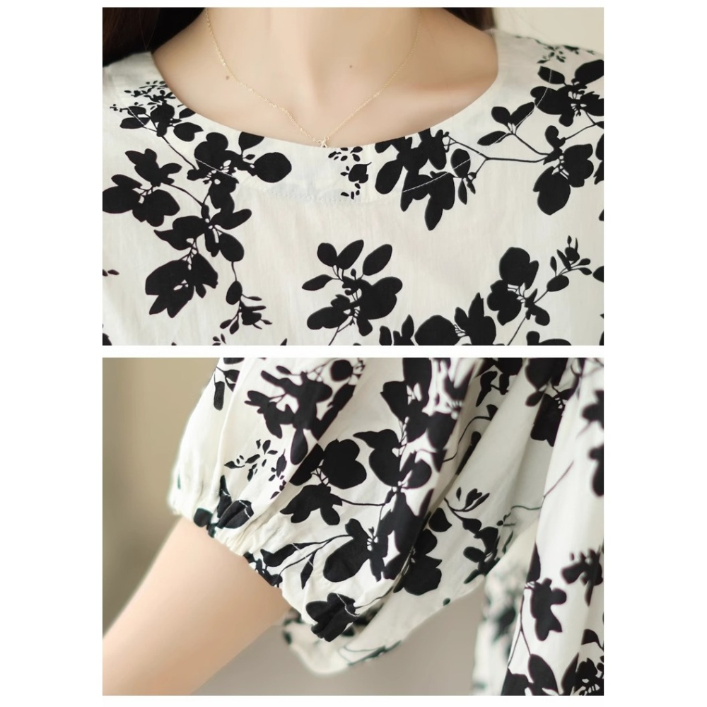 漾貝比【9155564】中大尺碼女裝 圓領滿版黑葉造型娃娃衫(40-53)-細節圖8