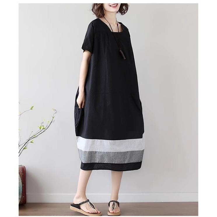 漾貝比【9155568】中大尺碼女裝 梯形領撞色裙襬長版洋裝(40-51)-細節圖2