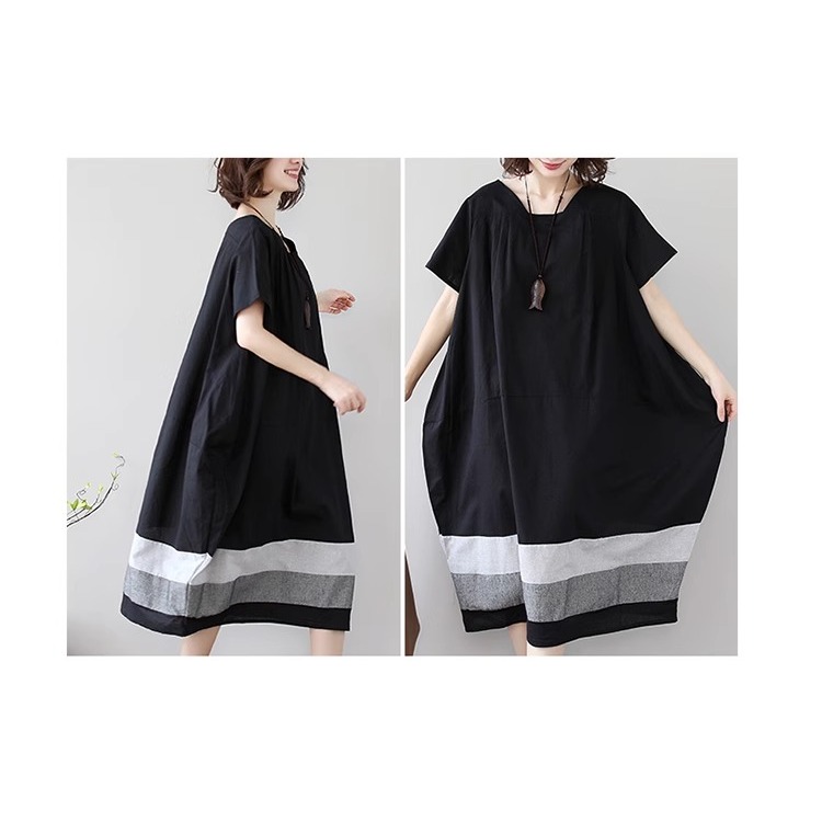 漾貝比【9155568】中大尺碼女裝 梯形領撞色裙襬長版洋裝(40-51)-細節圖3