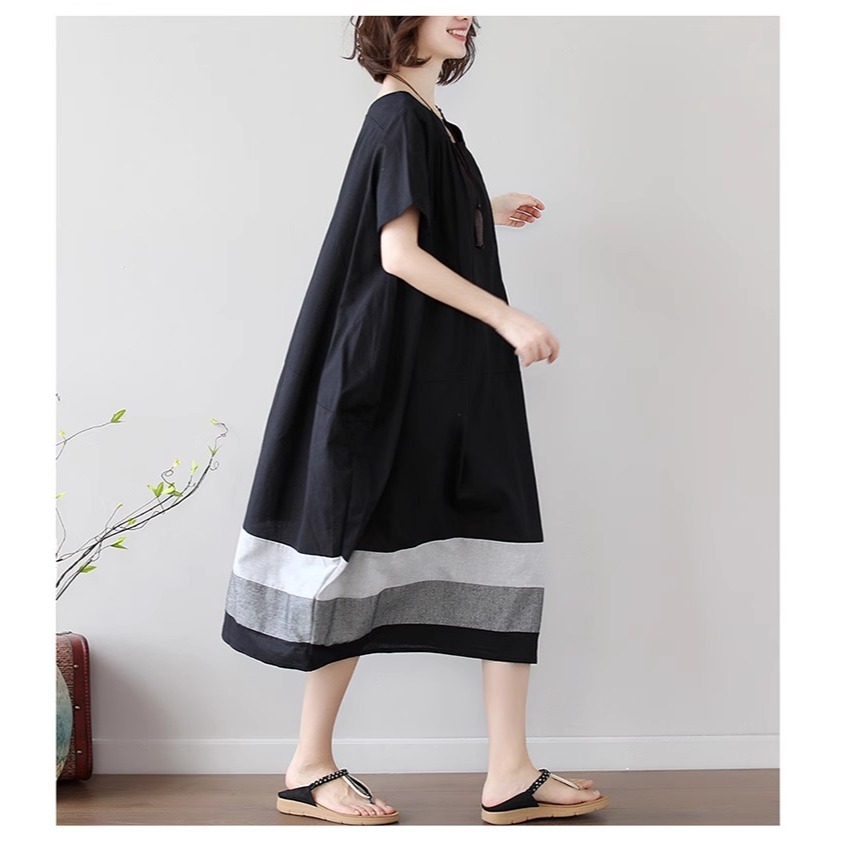 漾貝比【9155568】中大尺碼女裝 梯形領撞色裙襬長版洋裝(40-51)-細節圖4