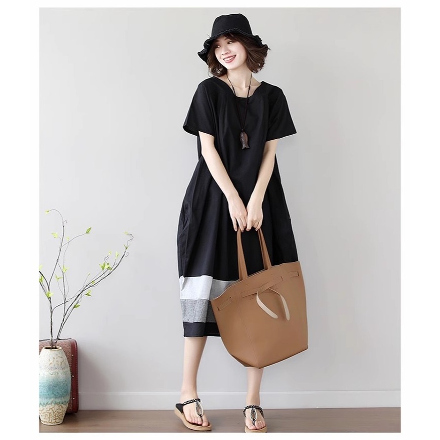 漾貝比【9155568】中大尺碼女裝 梯形領撞色裙襬長版洋裝(40-51)-細節圖5