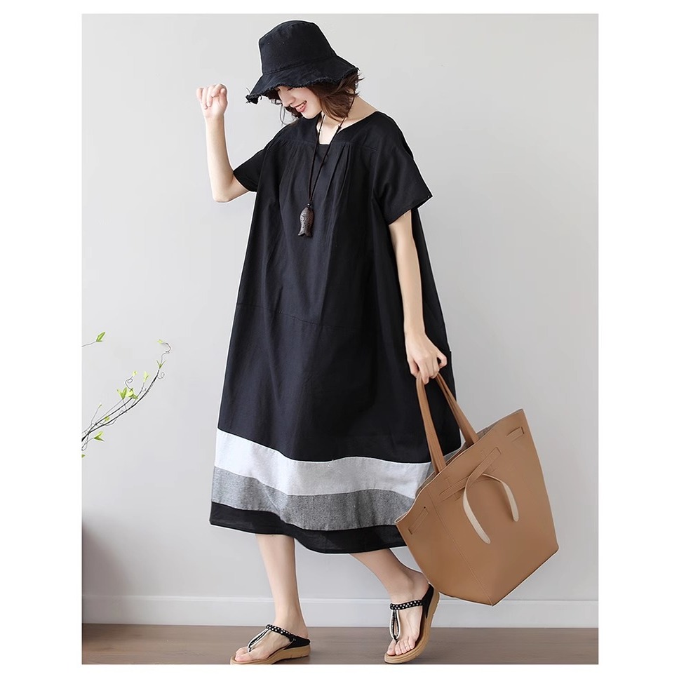 漾貝比【9155568】中大尺碼女裝 梯形領撞色裙襬長版洋裝(40-51)-細節圖6