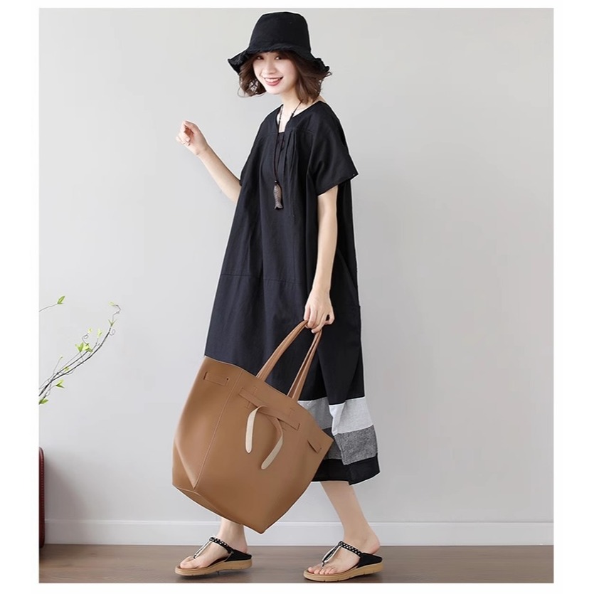 漾貝比【9155568】中大尺碼女裝 梯形領撞色裙襬長版洋裝(40-51)-細節圖7