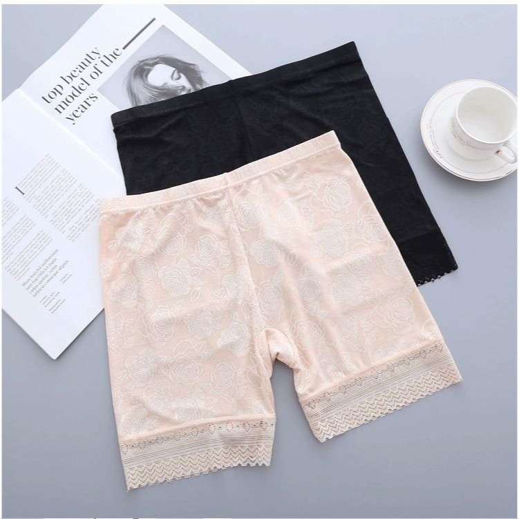 漾貝比【9155569】中大尺碼女裝 大碼鬆緊玫瑰緹花冰絲四分內搭褲．黑/膚(60-110公斤)-細節圖2