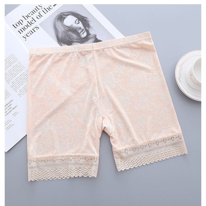 漾貝比【9155569】中大尺碼女裝 大碼鬆緊玫瑰緹花冰絲四分內搭褲．黑/膚(60-110公斤)-細節圖3