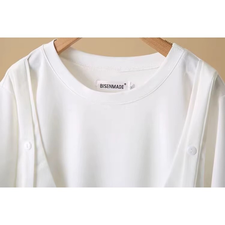 漾貝比【9155572】中大尺碼女裝 圓領T拼接不規則背心假兩件式上衣．藍(38-52)-細節圖4