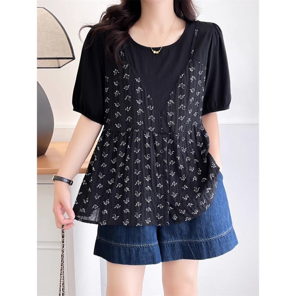 漾貝比【9155575】中大尺碼女裝 蝴蝶結印花細肩帶背心泡泡袖假兩件式上衣(38-50)-細節圖3