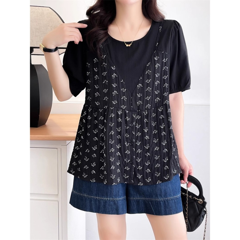 漾貝比【9155575】中大尺碼女裝 蝴蝶結印花細肩帶背心泡泡袖假兩件式上衣(38-50)-細節圖4